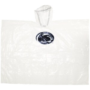 white plastic adult rain poncho with Penn State Athletic Logo on chest